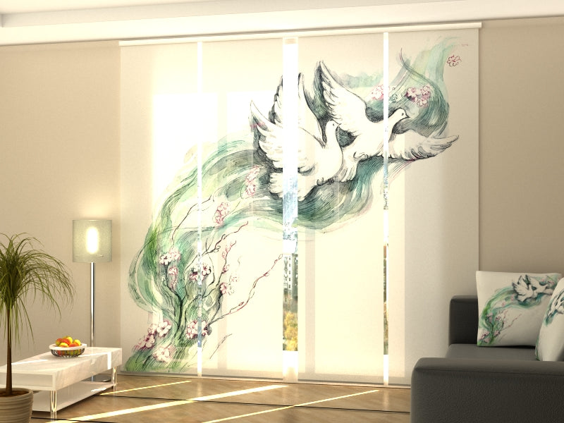 Paneles Japoneses Increíbles Palomas y Flores en Acuarela