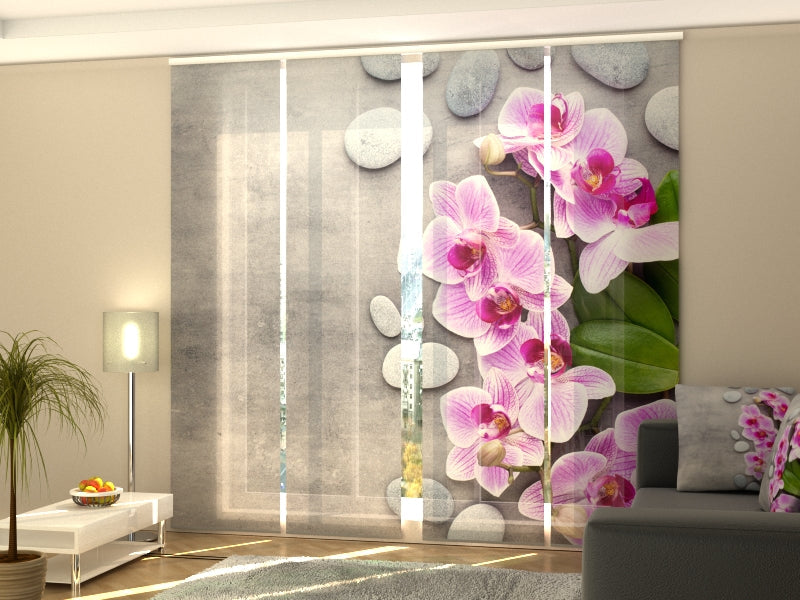 Paneles Japoneses Orquídeas Rosas Delicadas y Piedras