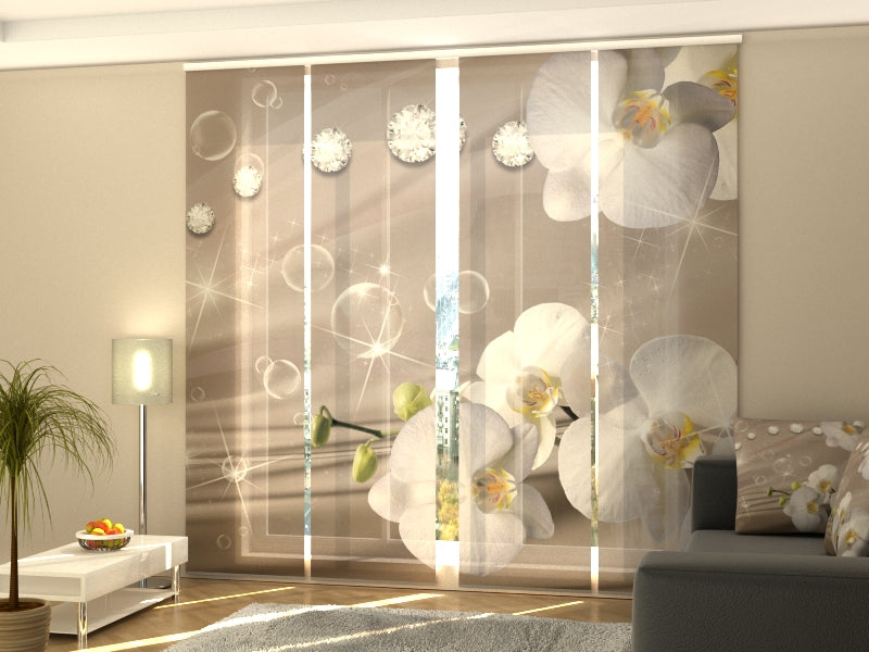 Paneles Japoneses Orquídeas y Strass sobre Seda Beige 2