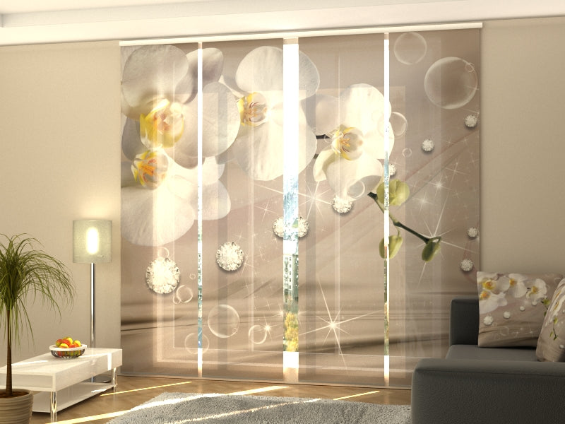 Paneles Japoneses Orquídeas y Strass sobre Seda Beige