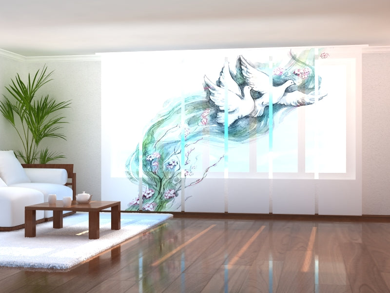 Paneles Japoneses Increíbles Palomas y Flores en Acuarela