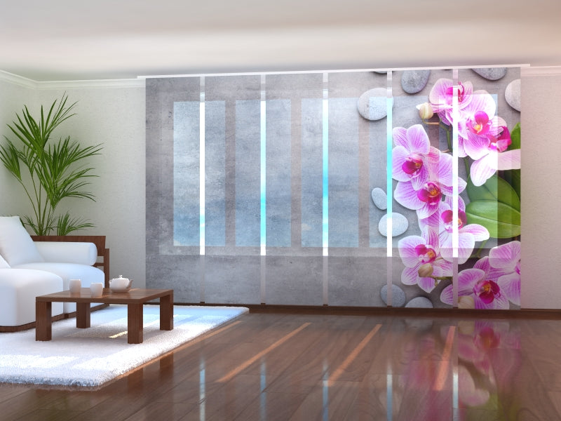 Paneles Japoneses Orquídeas Rosas Delicadas y Piedras