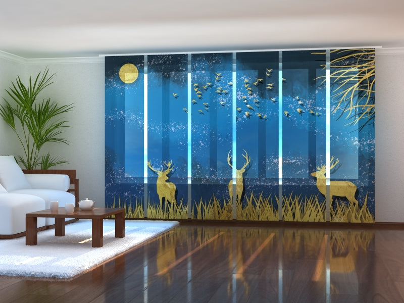 Paneles Japoneses Ciervo Dorado en la Oscura Noche Azul