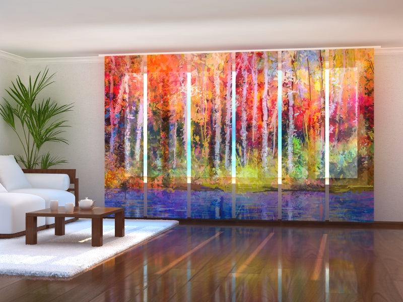 Paneles Japoneses Pintura al Óleo Coloridos Árboles Otoñales