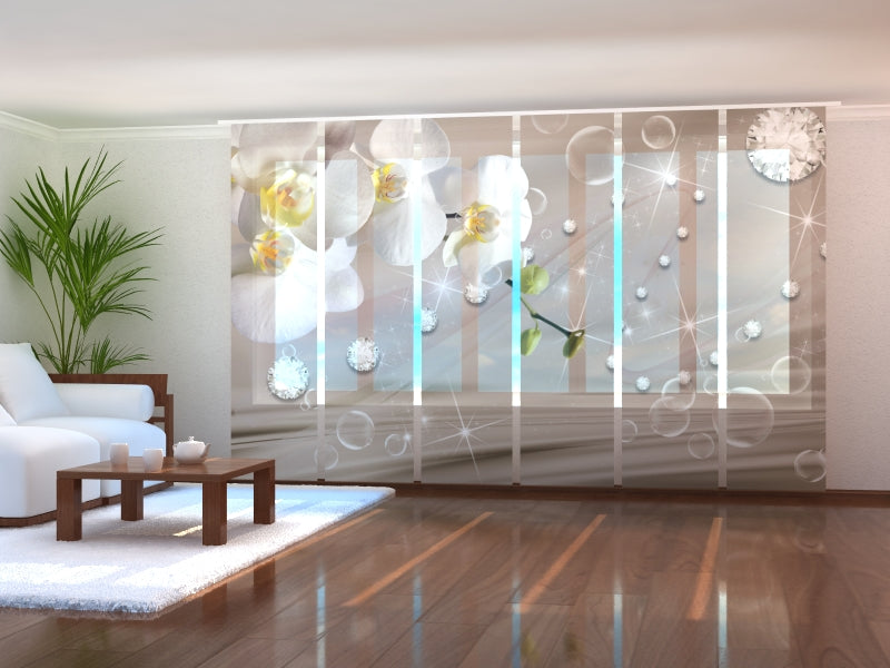 Paneles Japoneses Orquídeas y Strass sobre Seda Beige