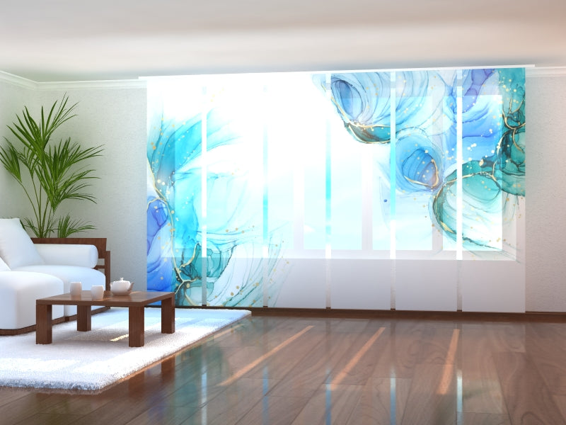 Paneles Japoneses Acuarela Verde Turquesa con Líneas Doradas