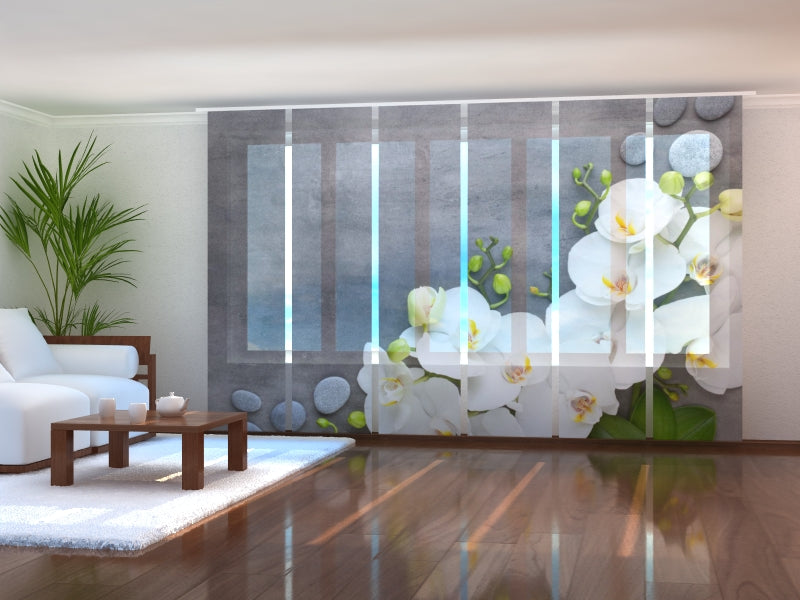 Paneles Japoneses Orquídeas Blancas sobre Mármol Gris