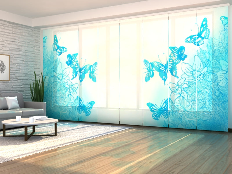 Paneles Japoneses Acuarela Azul Floral y Mariposas