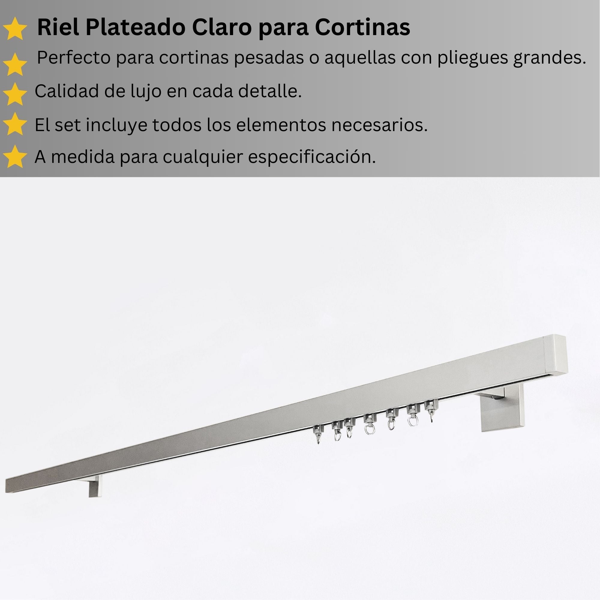 Riel de Cortina Simple, Plateado Claro, Montado en la Pared – Hecho a Medida, Diseño Elegante y Moderno.