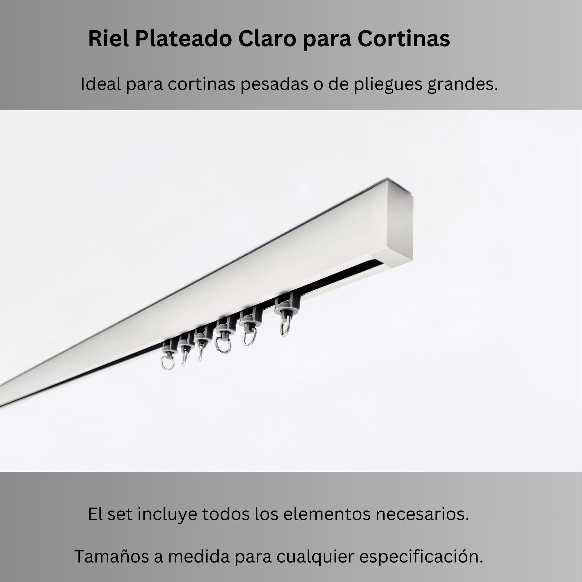 Riel de Cortina Simple, Plateado Claro, Montado en el Techo – Cualquier Tamaño Personalizado, Diseño Elegante y Funcional.