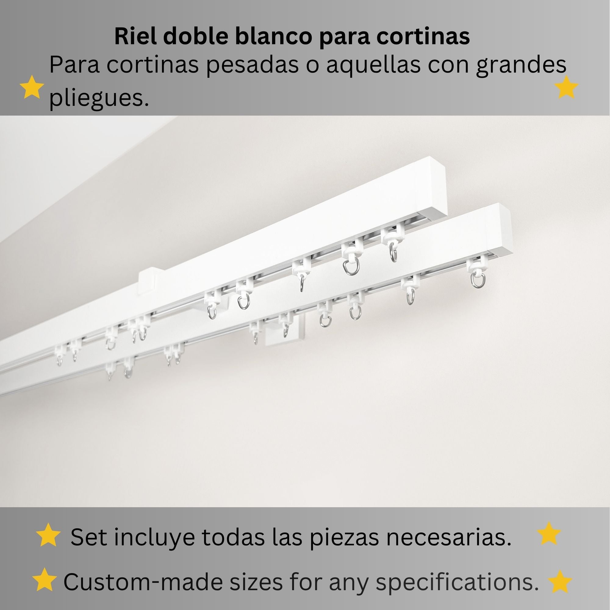 Doble Riel de Cortina, Blanco, Montado en la Pared – Tamaños personalizados, diseño moderno y elegante.