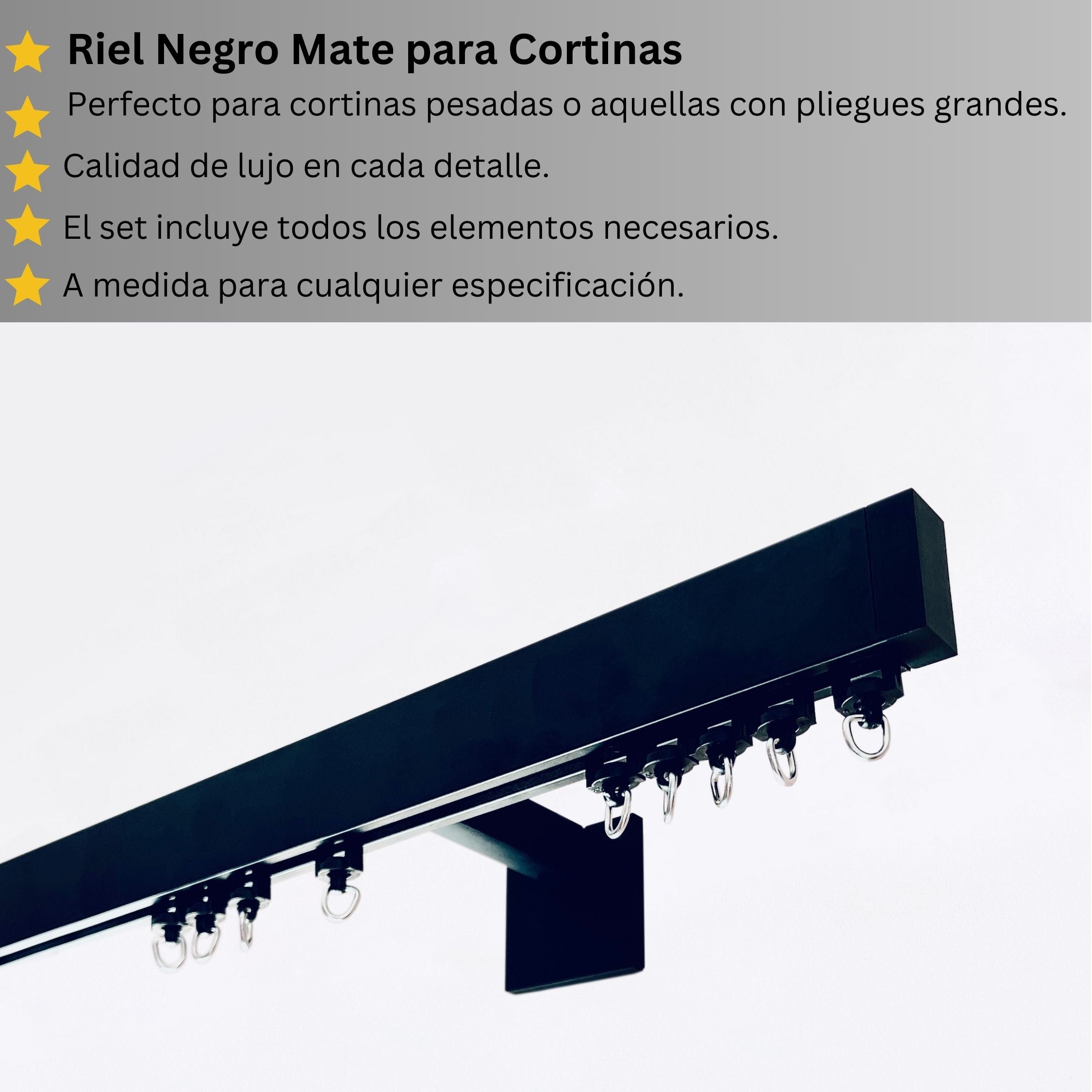 Riel de Cortina Simple, Negro Mate, Montado en la Pared – Cualquier Tamaño Personalizado, Diseño Lujoso y Funcional.