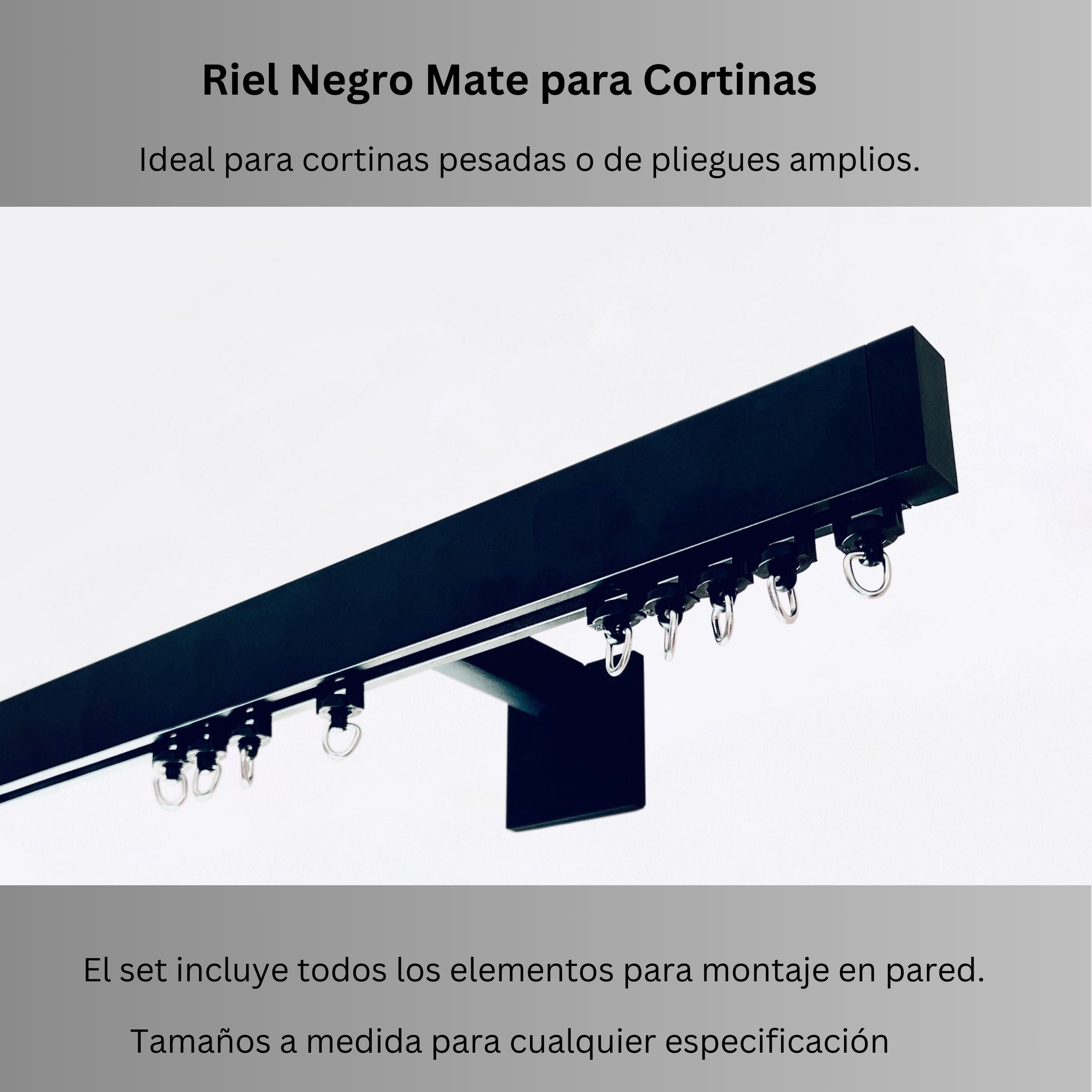 Riel de Cortina Simple, Negro Mate, Montado en la Pared – Cualquier Tamaño Personalizado, Diseño Lujoso y Funcional.