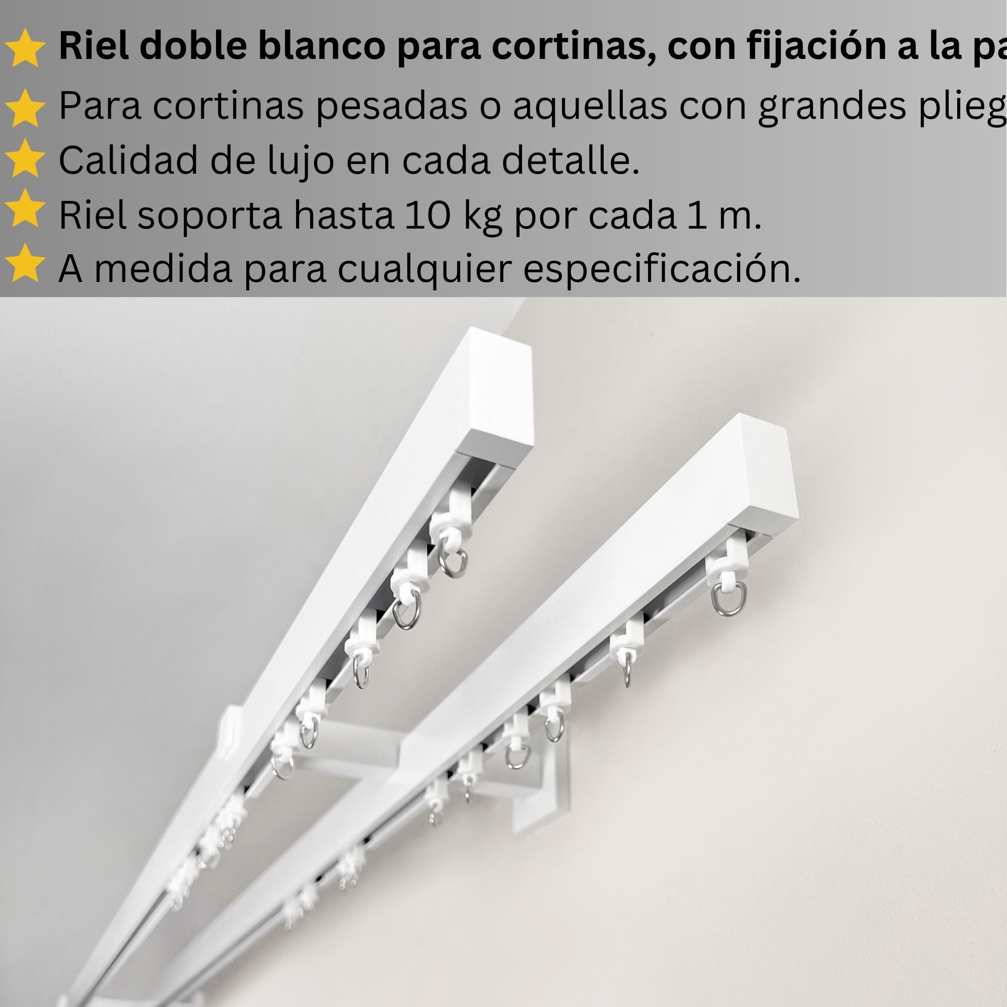 Doble Riel de Cortina, Blanco, Montado en la Pared – Tamaños personalizados, diseño moderno y elegante.