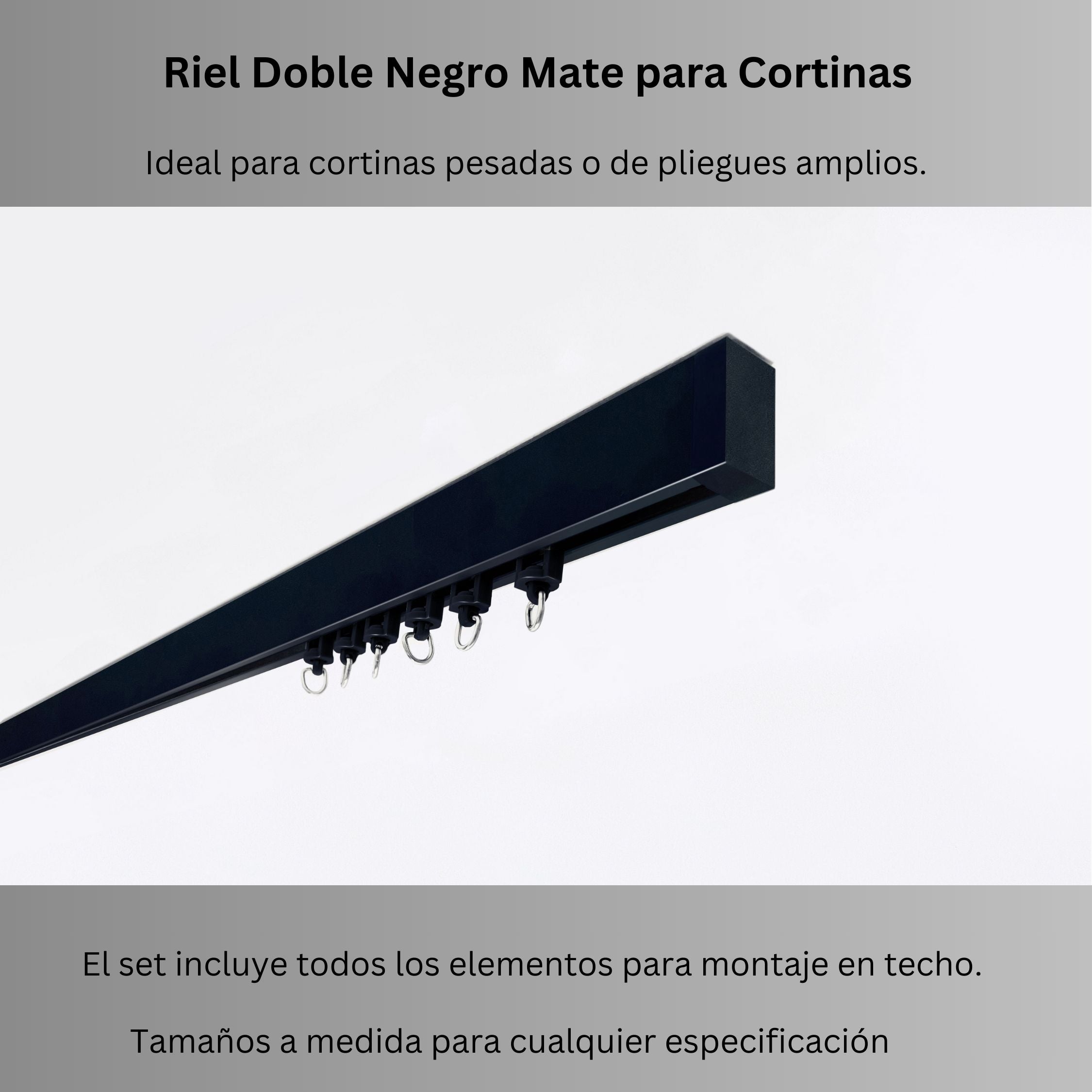 Riel de Cortina Simple, Negro Mate, Montado en el Techo – Cualquier Tamaño, Calidad de Lujo y Diseño Moderno.