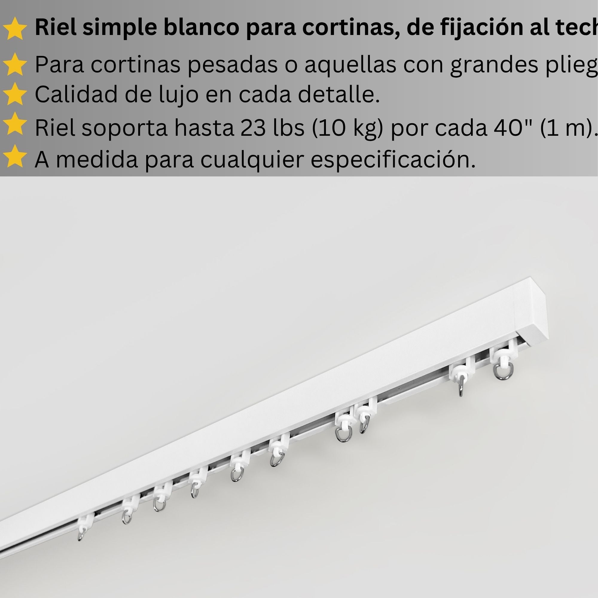Riel de Cortina Simple, Blanco, Montado en el Techo – Cualquier Tamaño Personalizado, Diseño Elegante y Funcional.