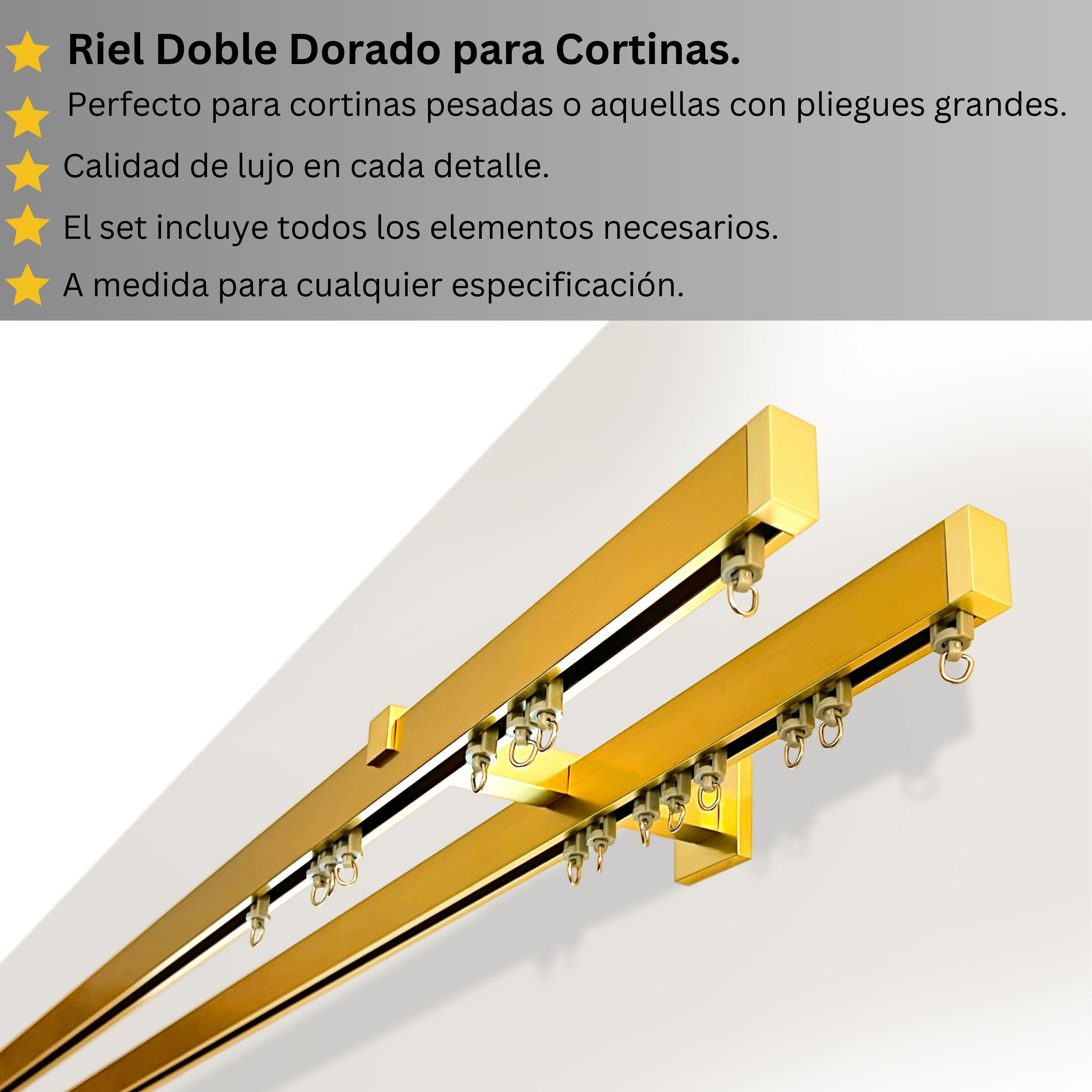 Doble Riel de Cortina, Dorado, Montado en la Pared – Tamaños personalizados, diseño moderno y elegante.