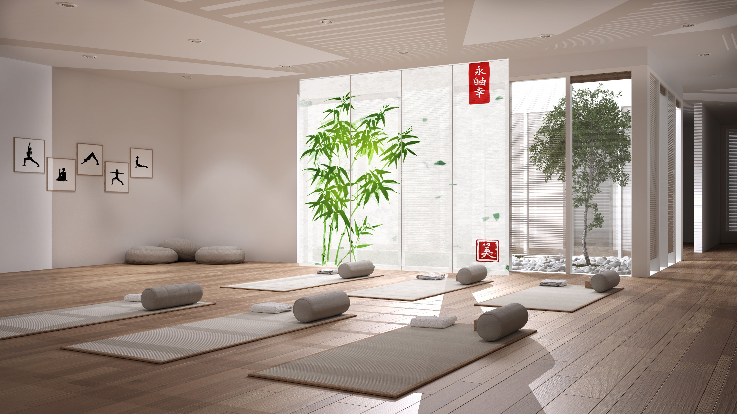 Paneles Japoneses hechos a medida para centros de yoga y meditación, Estores Japoneses personalizados impresos para centros de rehabilitación, Cortinas Paneles hechos a medida con logo para gimnasios y centros de fitness