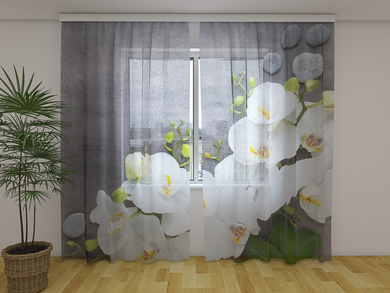 Cortina Orquídeas Blancas sobre Mármol Gris
