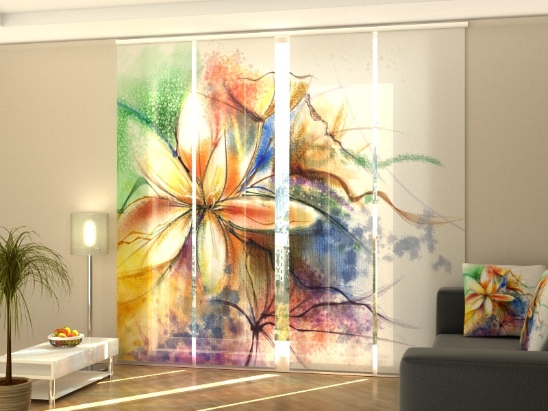 Set de 4 Paneles Japoneses con un Riel de 4 vías, Acuarela Floral Abstracta Sobre Lienzo, Medidas: 60x245 cm