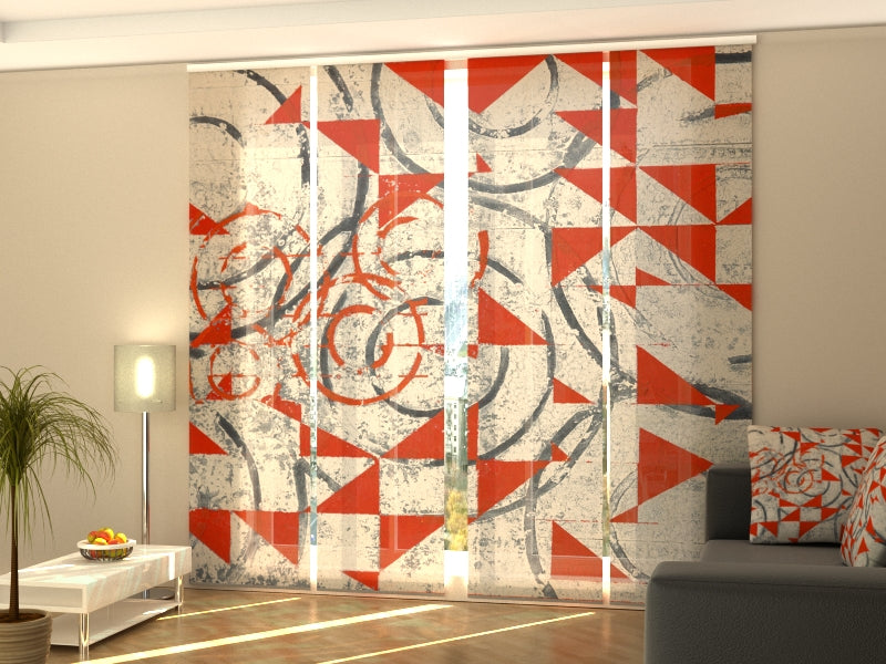 Set de 4 Paneles Japoneses con un Riel de 4 vías, Formas Geométricas Abstractas en Rojo y Negro, Medidas: 60x270 cm