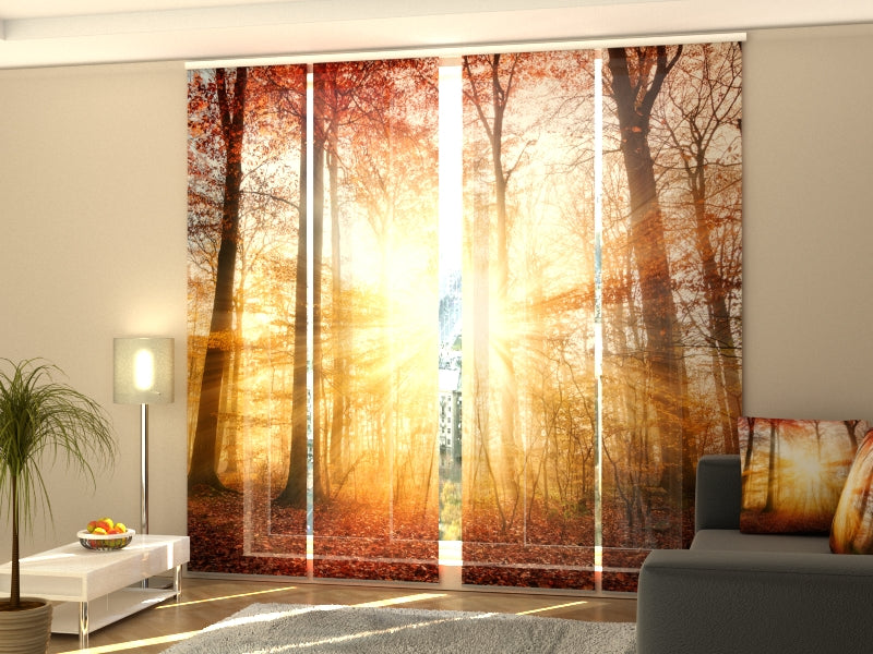 Set de 4 Paneles Japoneses con un Riel de 4 vías, Bella luz Otoñal en un Bosque, Medidas: 60x245 cm