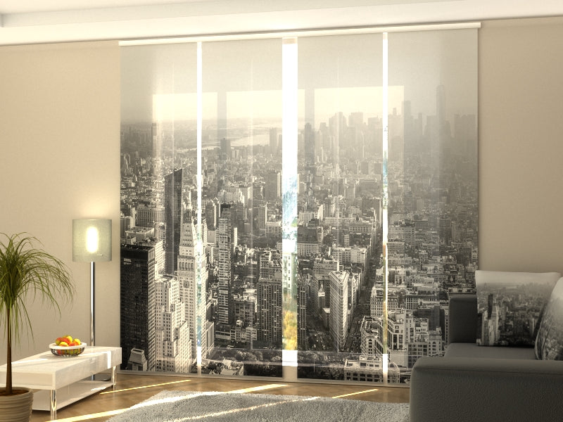 Set de 4 Paneles Japoneses con un Riel de 4 vías, Manhattan en Blanco y Negro, Medidas: 60x300 cm