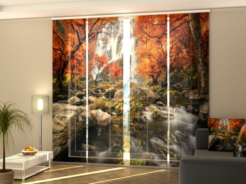 Set de 4 Paneles Japoneses con un Riel de 4 vías, Fascinante Cascada Otoñal, Medidas: 60x270 cm