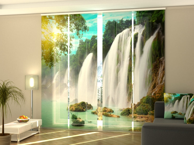 Set de 4 Paneles Japoneses con un Riel de 4 vías, Fascinante Cascada de Detian, Medidas: 60x245 cm