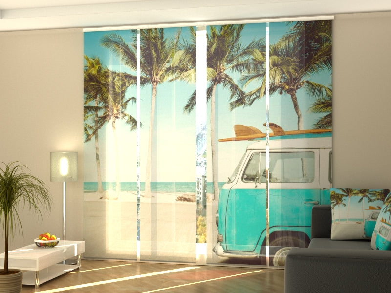 Set de 4 Paneles Japoneses con un Riel de 4 vías, Antiguo Coche en una Playa Tropical, Medidas: 60x300 cm