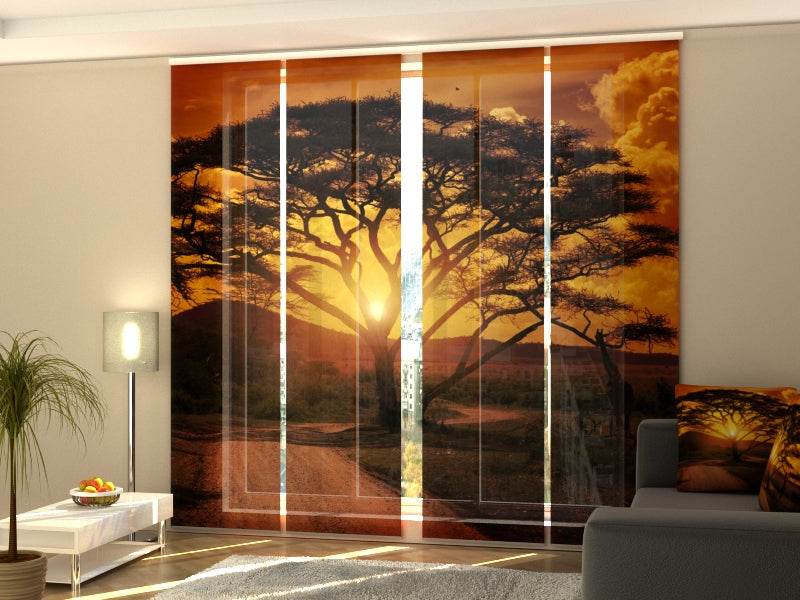 Set de 4 Paneles Japoneses con un Riel de 4 vías, Atardecer en África, Medidas: 60x270 cm