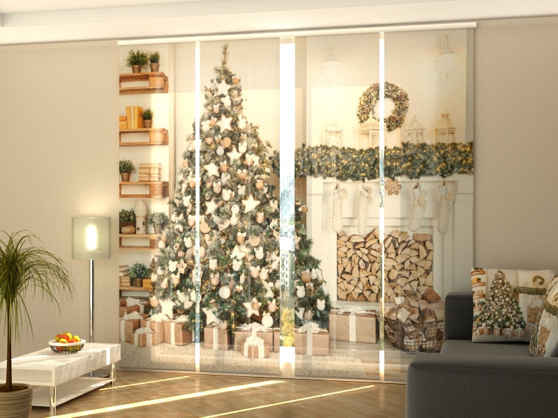Paneles Japoneses Árbol Navideño con Decoraciones Blancas y de Madera