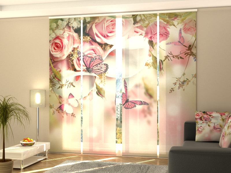 Set de 4 Paneles Japoneses con un Riel de 4 vías, Beso de Primavera, Medidas: 60x270 cm