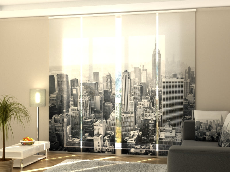 Set de 4 Paneles Japoneses con un Riel de 4 vías, Nueva York en Blanco y Negro, Medidas: 60x300 cm