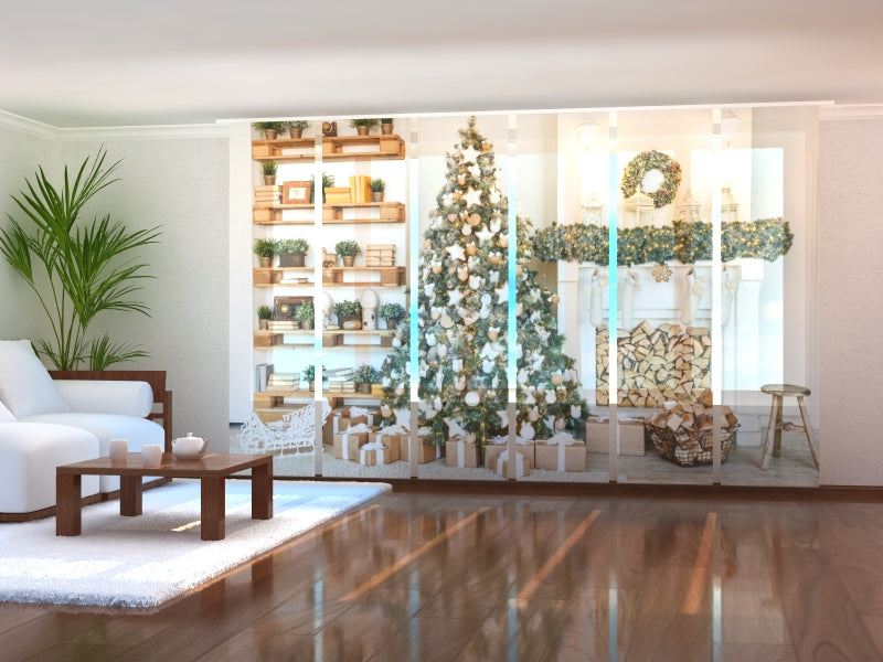 Paneles Japoneses Árbol Navideño con Decoraciones Blancas y de Madera