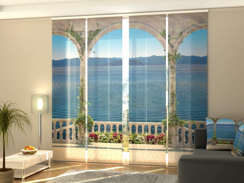 Set de 4 Paneles Japoneses con un Riel de 4 vías, Escalera al Mar, Medidas: 60x245 cm