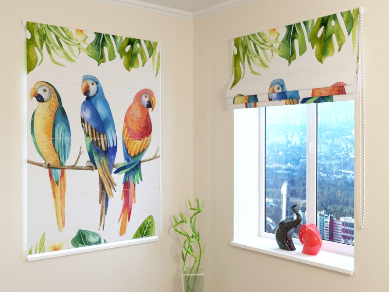 Estores Plegables Plantas y Loros en Acuarela